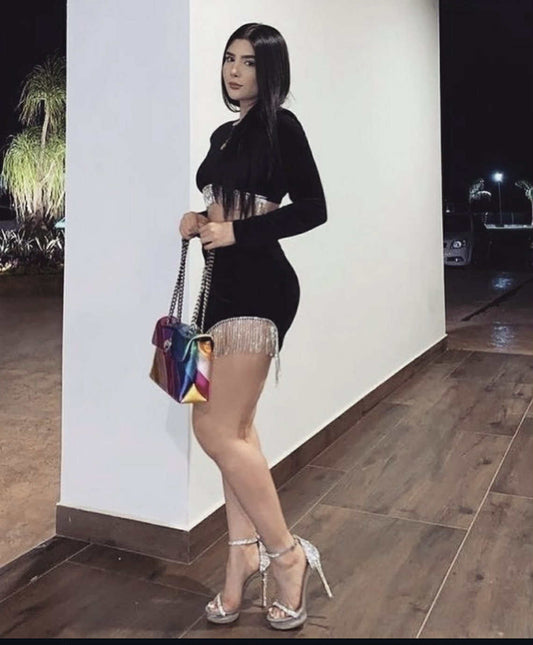 🖤 Ensemble Noir Glamour avec Franges en Strass – Élégance & Audace 🖤