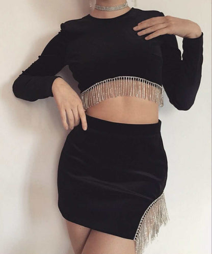 🖤 Ensemble Noir Glamour avec Franges en Strass – Élégance & Audace 🖤
